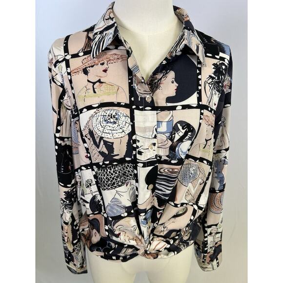 MILK & HONEY Long Sleeve Blouse 90s Hat Lady’s Print Ruched Waist Rayon Women M - Picture 2 of 9